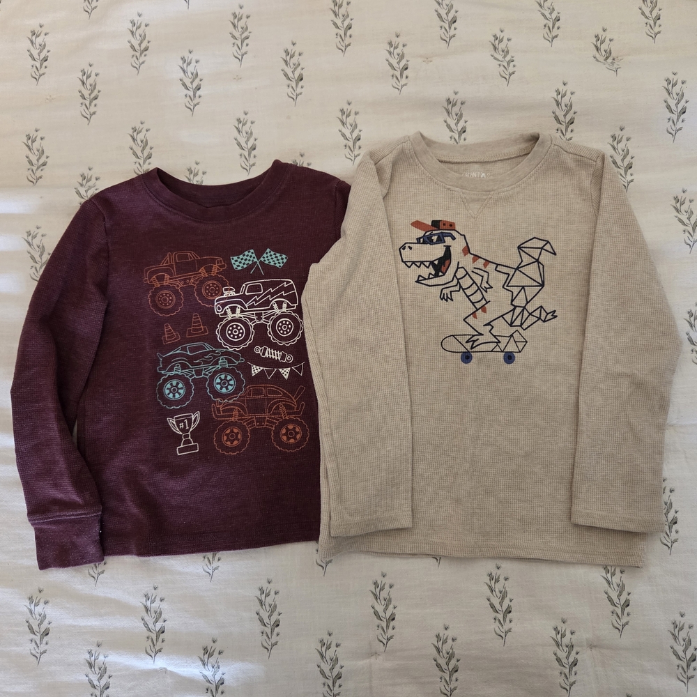 Maroon and Beige Kids Long Sleeve Waffle Knit Tees